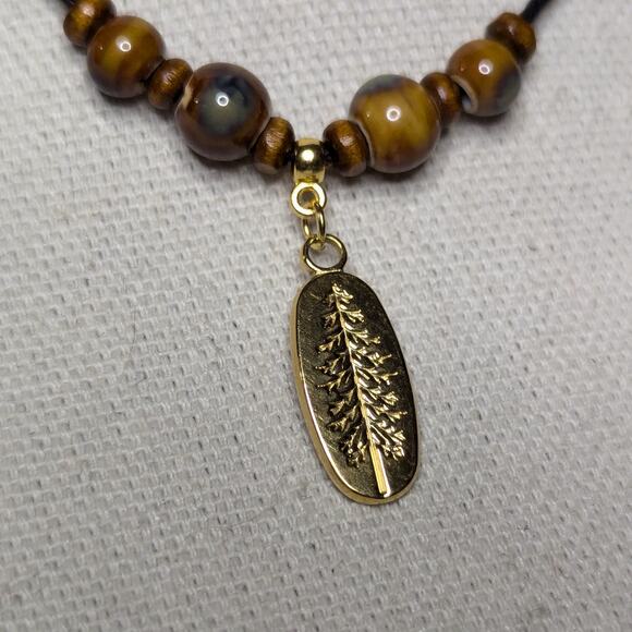 Pine Tree Charm Stainless Steel Ceramic Beaded Brown Gold Hippie Choker Necklace - Picture 6 of 6